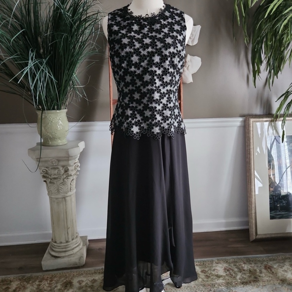 L.K. Bennett Johanna black and metallic silver floral print silk formal dress